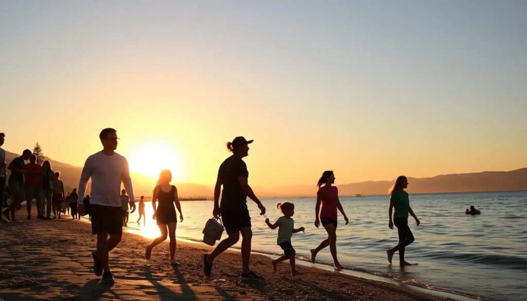 Family enjoying sunset at Kings Beach with mountains and Lake Tahoe in background Family enjoying sunset at Kings Beach with mountains and Lake Tahoe in background