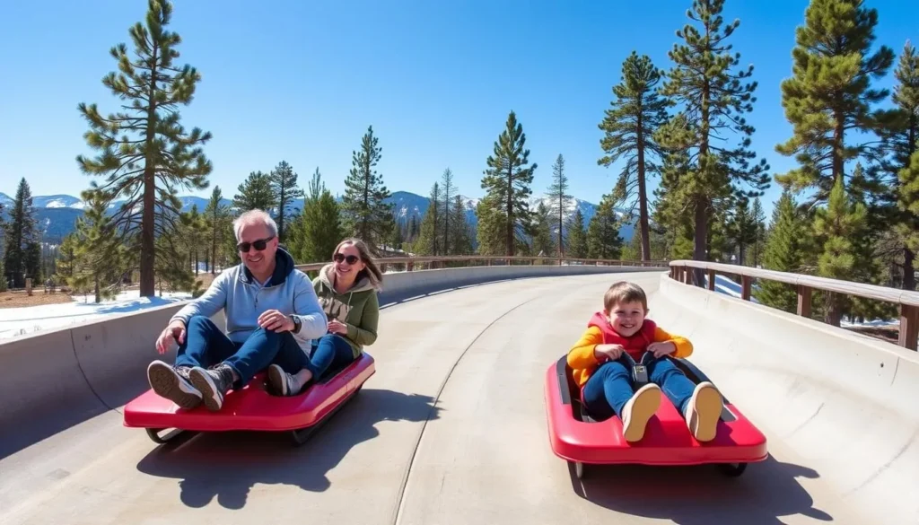 Family enjoying the Alpine Slide at Magic Mountain, one of the top Big Bear California things to do with kids
