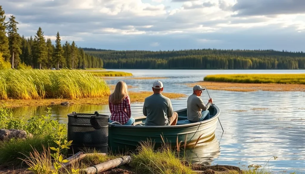 Family fishing on Lake Livojärvi, Posio, Finland