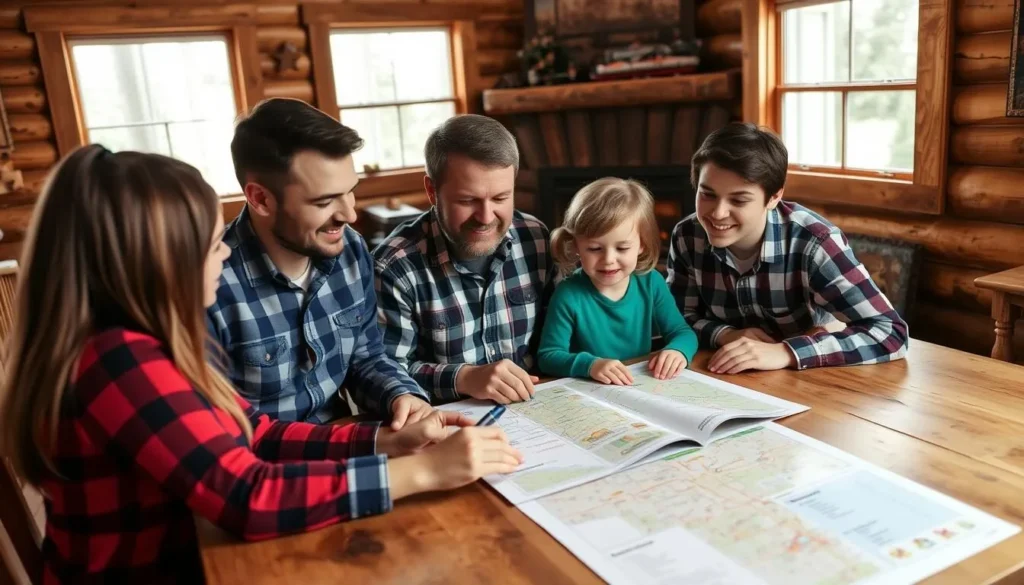 Family planning their Big Bear vacation with a map of East Shore attractions