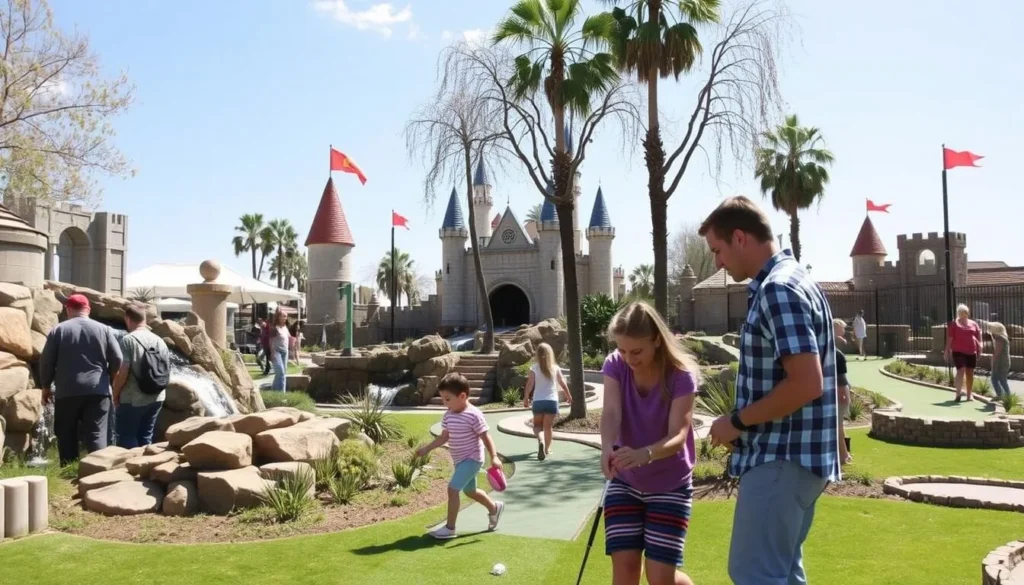 Family playing miniature golf at Sherman Oaks Castle Park in San Fernando Valley