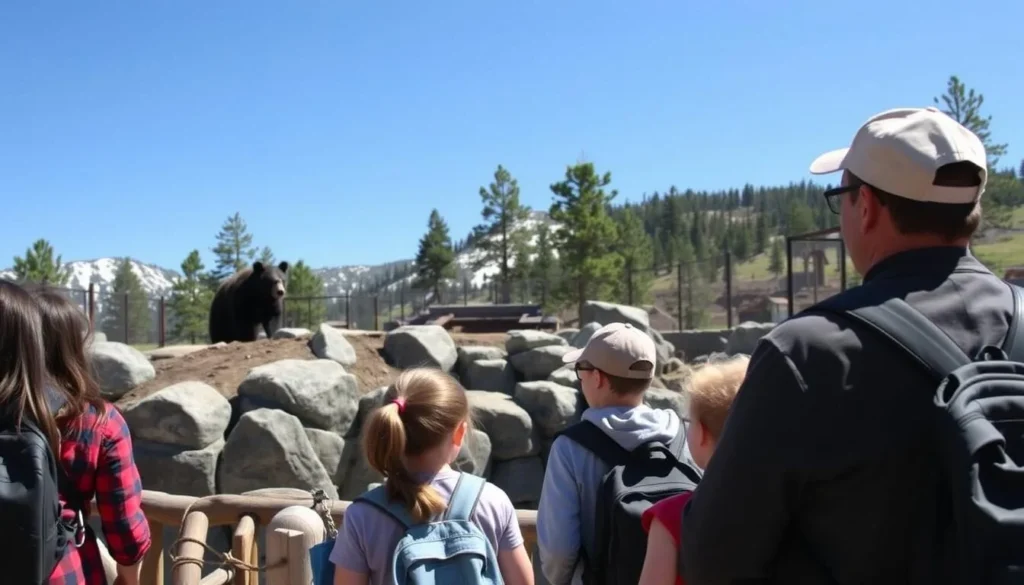 Family visiting the Big Bear Alpine Zoo with mountain backdrop Family visiting the Big Bear Alpine Zoo with mountain backdrop