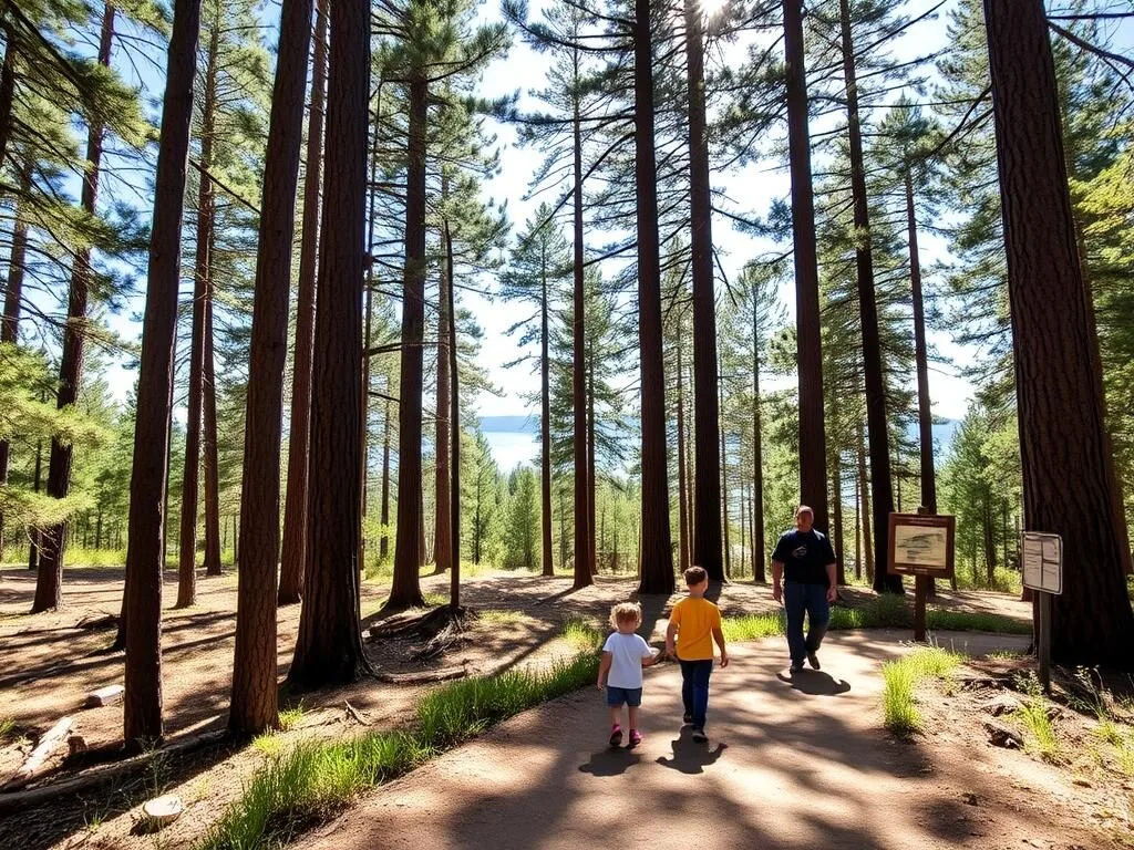 Family walking on the Woodland Trail through pine forest on Big Bear's East Shore