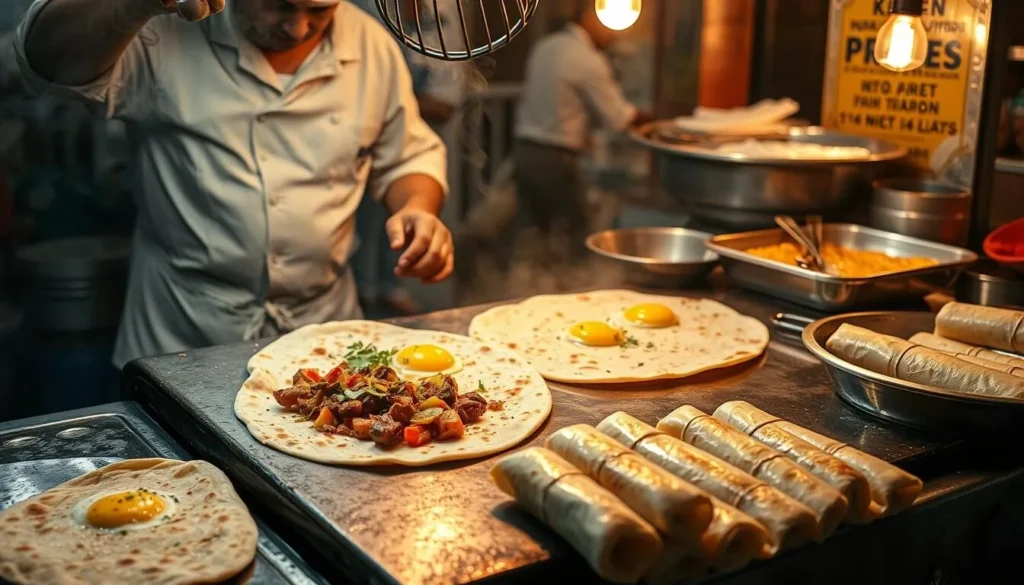 Famous Kolkata street food kathi rolls being prepared at a popular food stall with chef cooking on a hot griddle Famous Kolkata street food kathi rolls being prepared at a popular food stall with chef cooking on a hot griddle