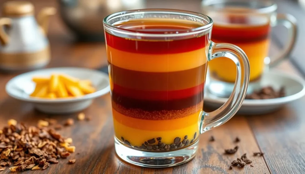 Famous seven-layer tea of Srimangal in a clear glass showing distinct colorful layers