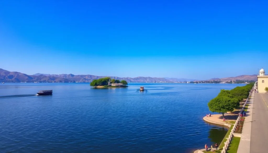 Fateh Sagar Lake with Nehru Park island, a scenic spot among the best things to do in Udaipur Rajasthan