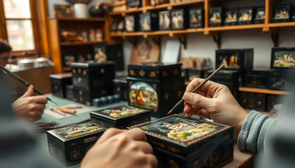 Fedoskino miniature painting workshop with artists creating detailed lacquer boxes