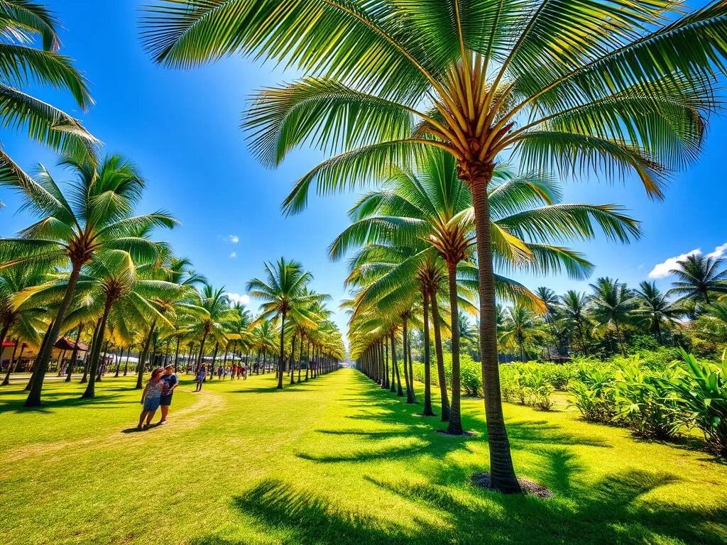 Feni Coconut Garden with tall coconut trees and visitors