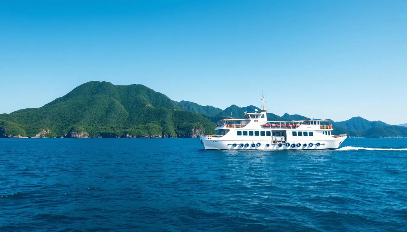 Ferry approaching Iriomote Island with lush green mountains in the background