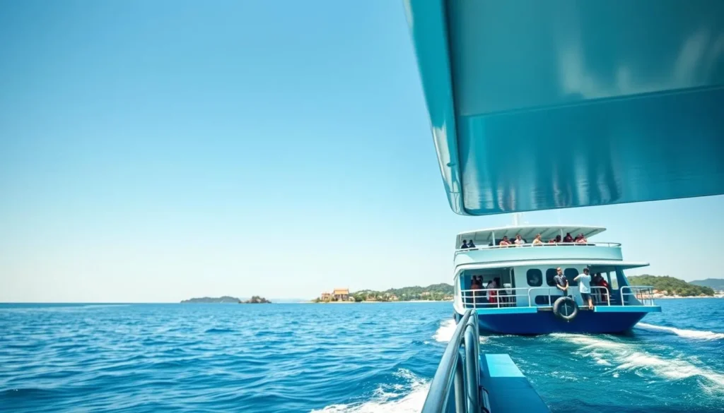 Ferry approaching Poro Island port with passengers ready to disembark