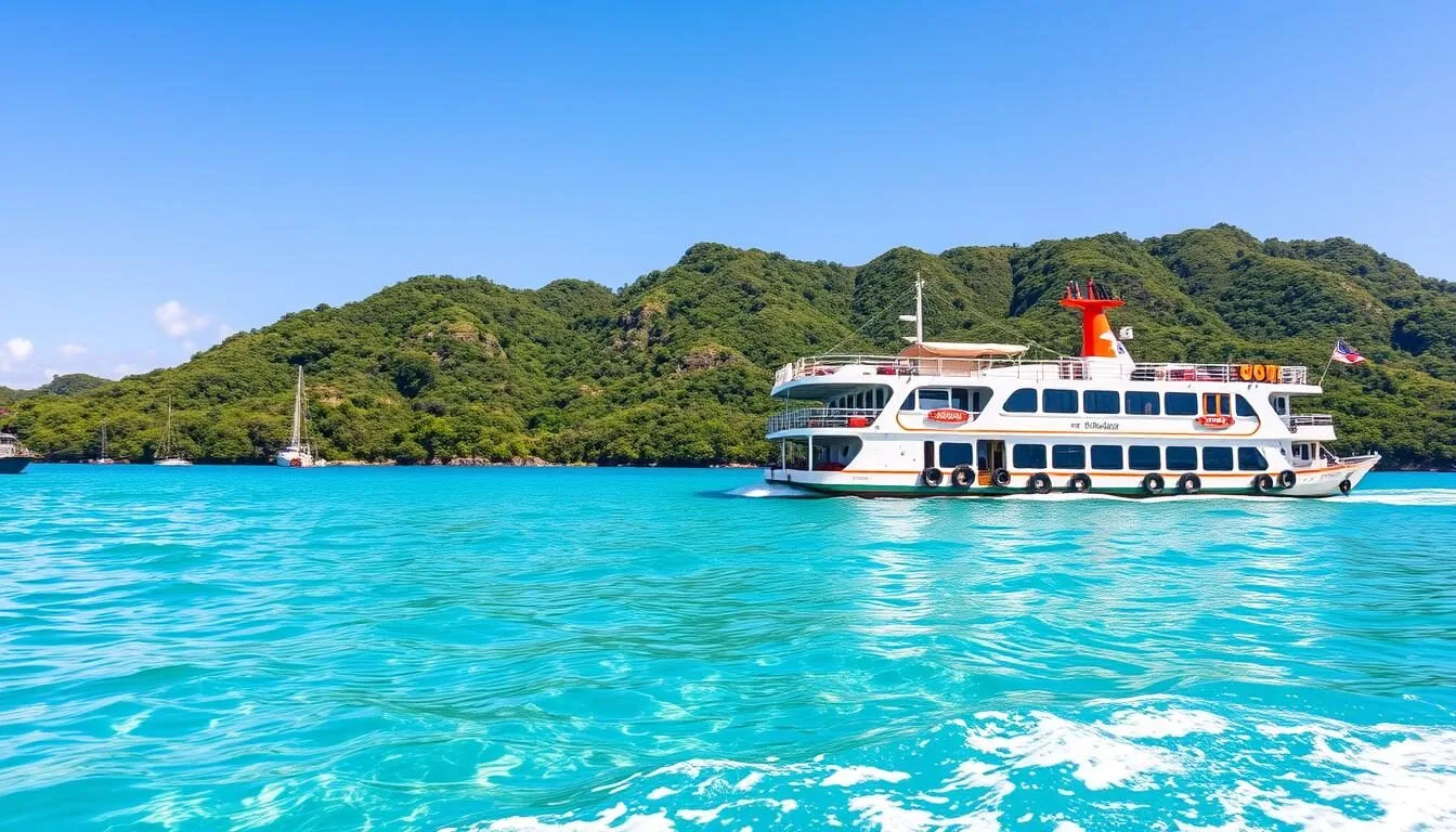 Ferry approaching Siquijor Island port with turquoise waters and lush green hills in the background