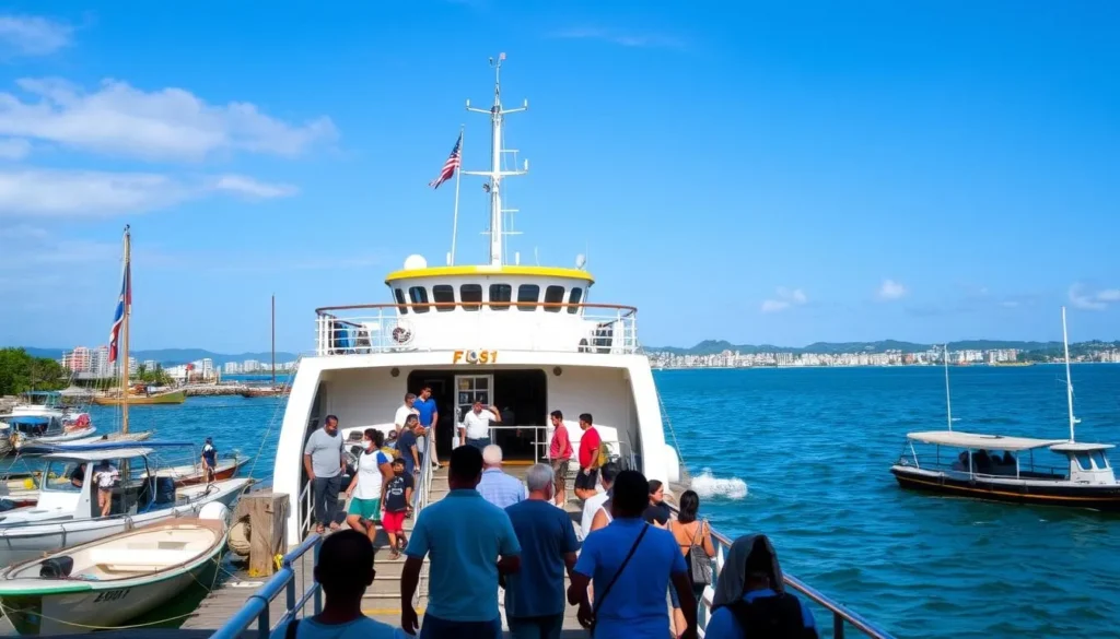 Ferry arriving at Dumaguete port with passengers disembarking