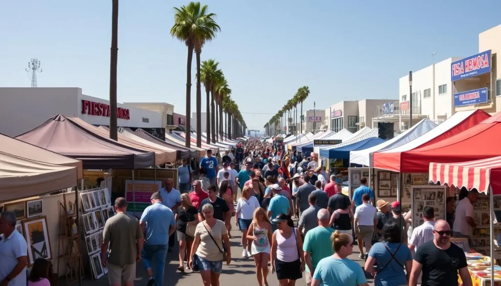 Fiesta Hermosa festival with crowds enjoying art booths, food, and entertainment
