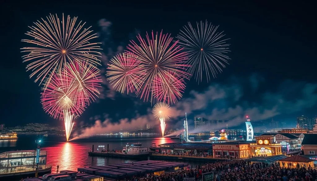 Fireworks display over Takamatsu Port during the Sanuki Takamatsu Festival Fireworks display over Takamatsu Port during the Sanuki Takamatsu Festival