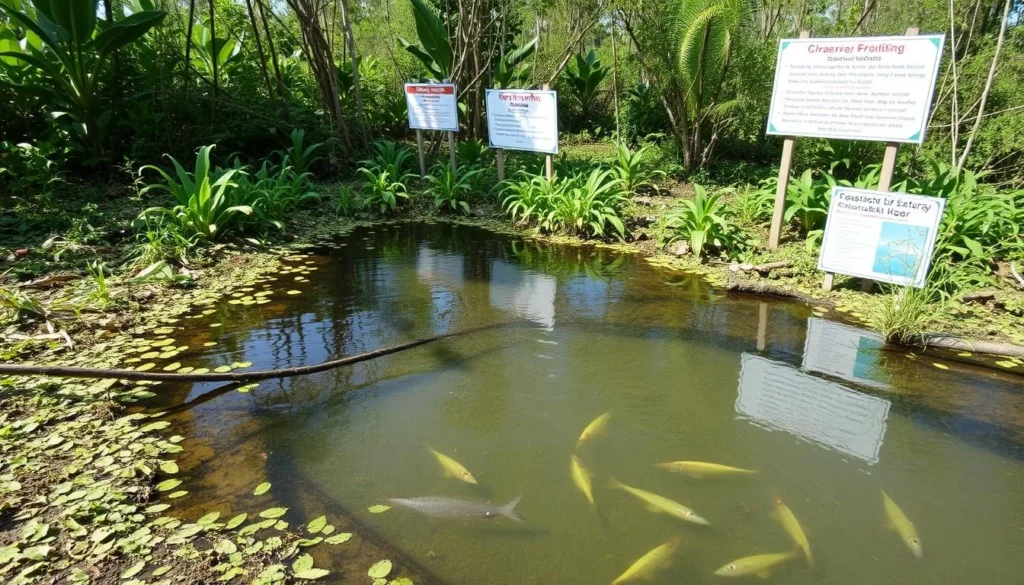 Fish sanctuary in Hakaluki Haor with aquatic vegetation and conservation markers