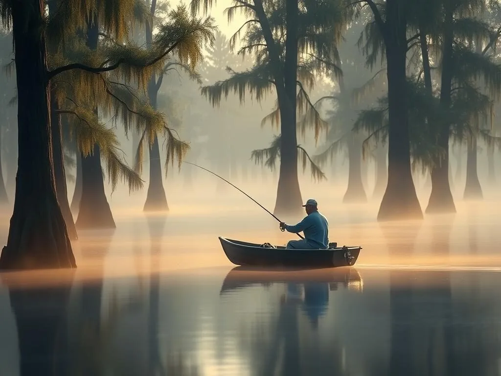 Fisherman in boat catching crappie among cypress trees on Reelfoot Lake