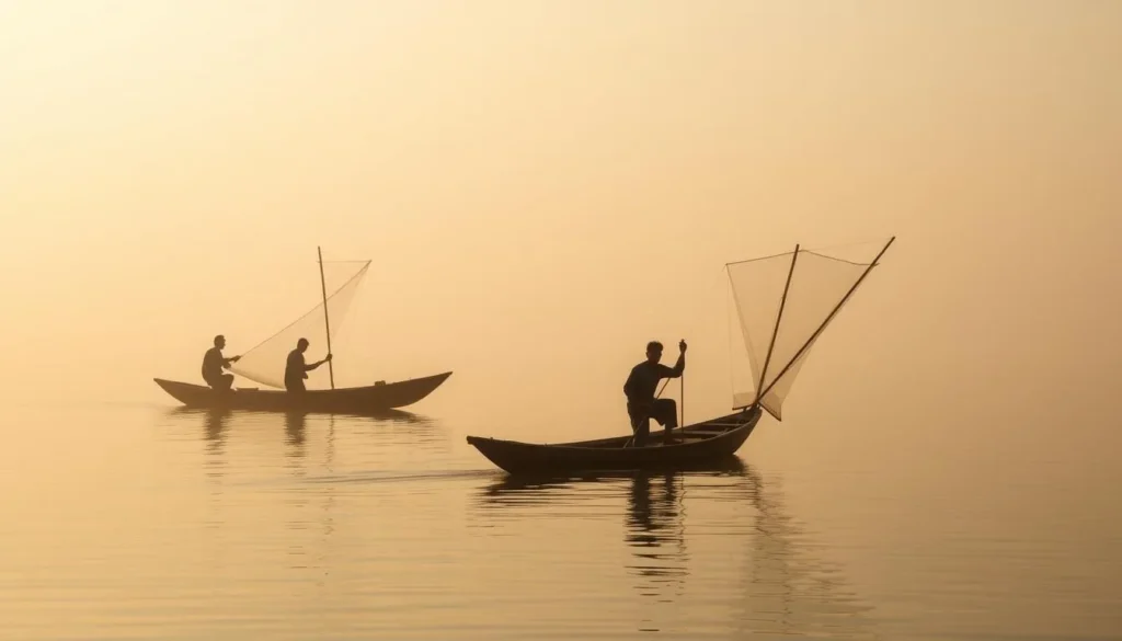 Fishermen with traditional nets at Bashkhali Lake