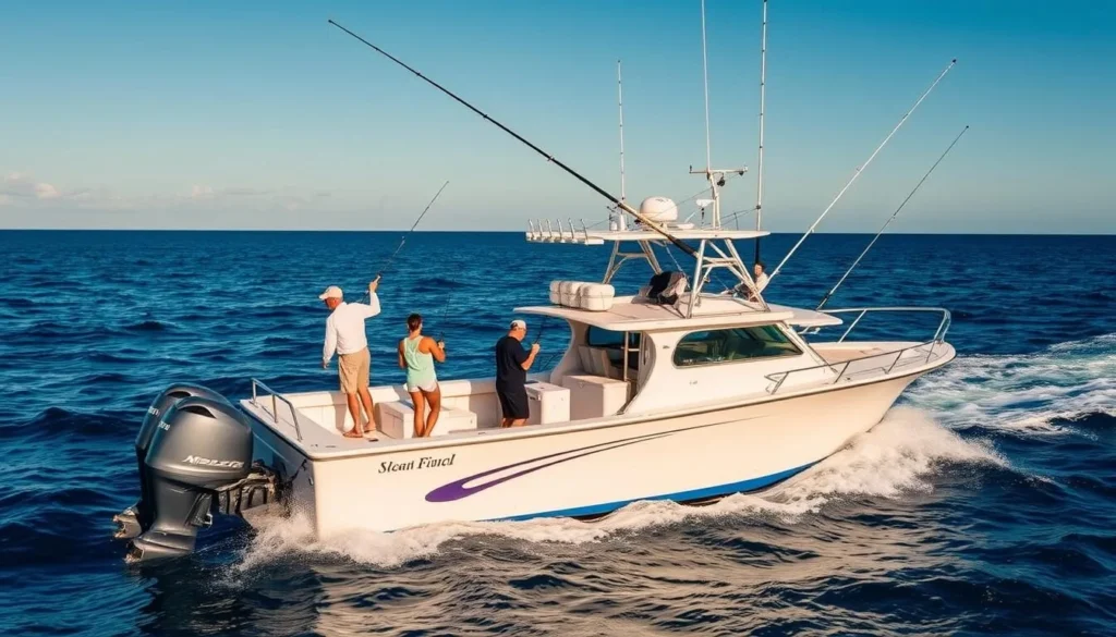 Fishing charter boat on blue waters near West Palm Beach Fishing charter boat on blue waters near West Palm Beach