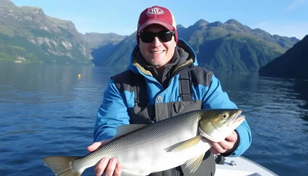 Fishing guide in Tysfjorden, Norway, holding a freshly caught fish.