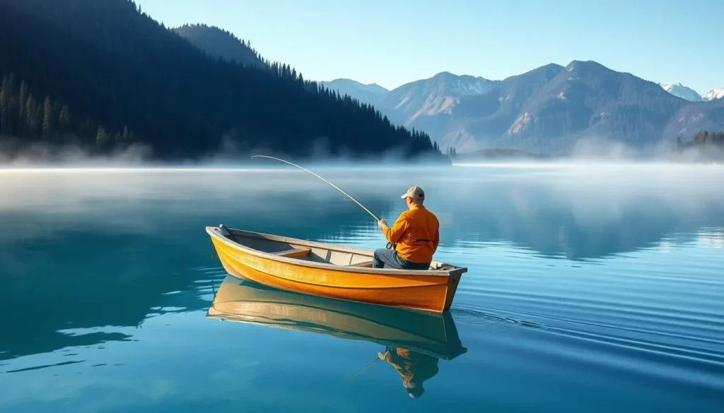 Fishing on Blue Lake Mendocino County California with mountains in background