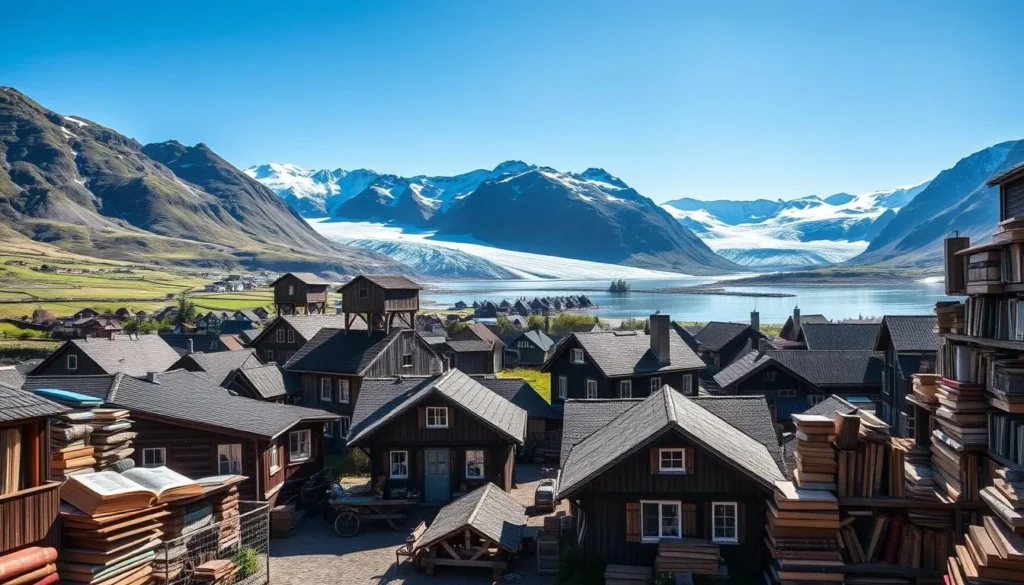Fjærland Norway book town scenery with old books and glaciers in the background