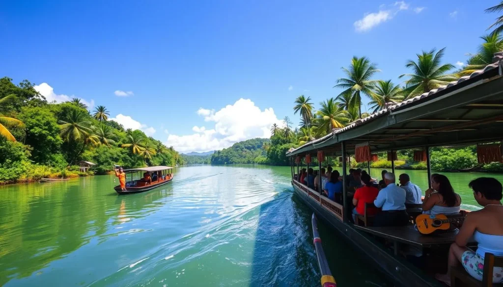 Floating restaurant cruising down the emerald green Loboc River surrounded by lush jungle Floating restaurant cruising down the emerald green Loboc River surrounded by lush jungle