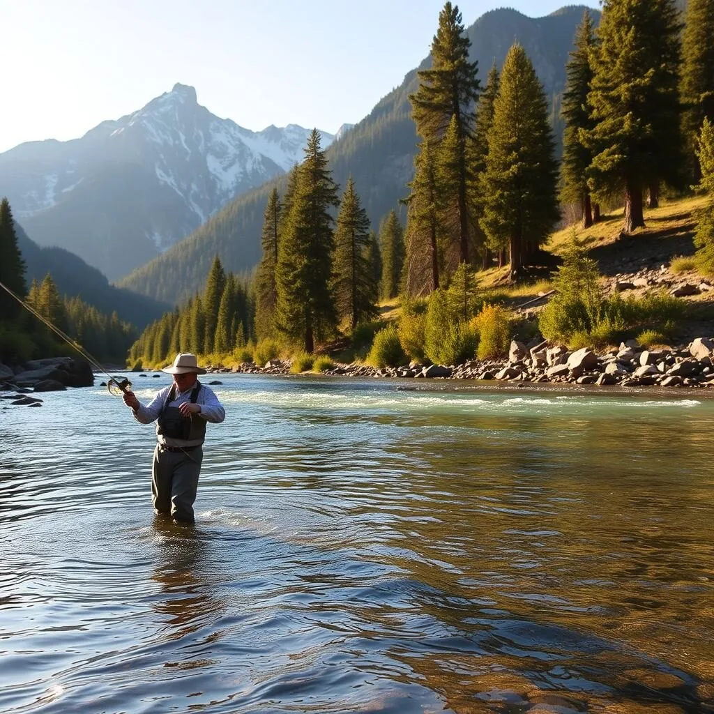 Fly fishing in a river near Wolf Creek with mountain backdrop Fly fishing in a river near Wolf Creek with mountain backdrop