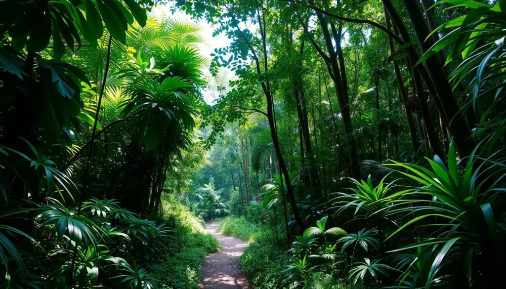 Forest path through the interior of Mantigue Island Philippines showing lush tropical vegetation Forest path through the interior of Mantigue Island Philippines showing lush tropical vegetation