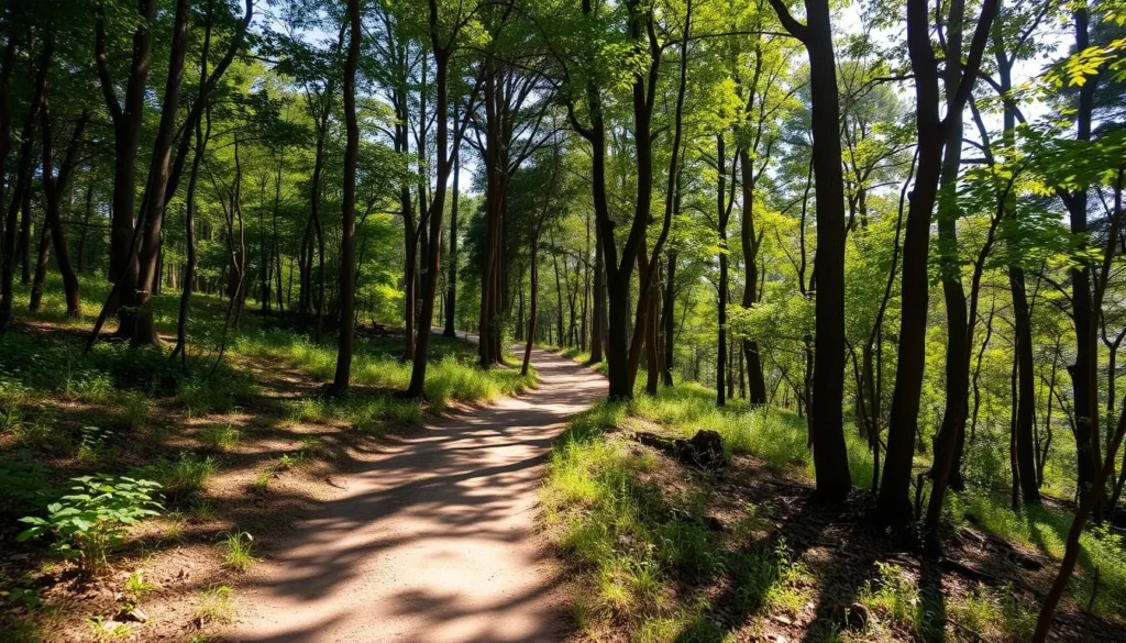 Forest trail in Altadighi National Park with sunlight filtering through the trees in Bangladesh Forest trail in Altadighi National Park with sunlight filtering through the trees in Bangladesh