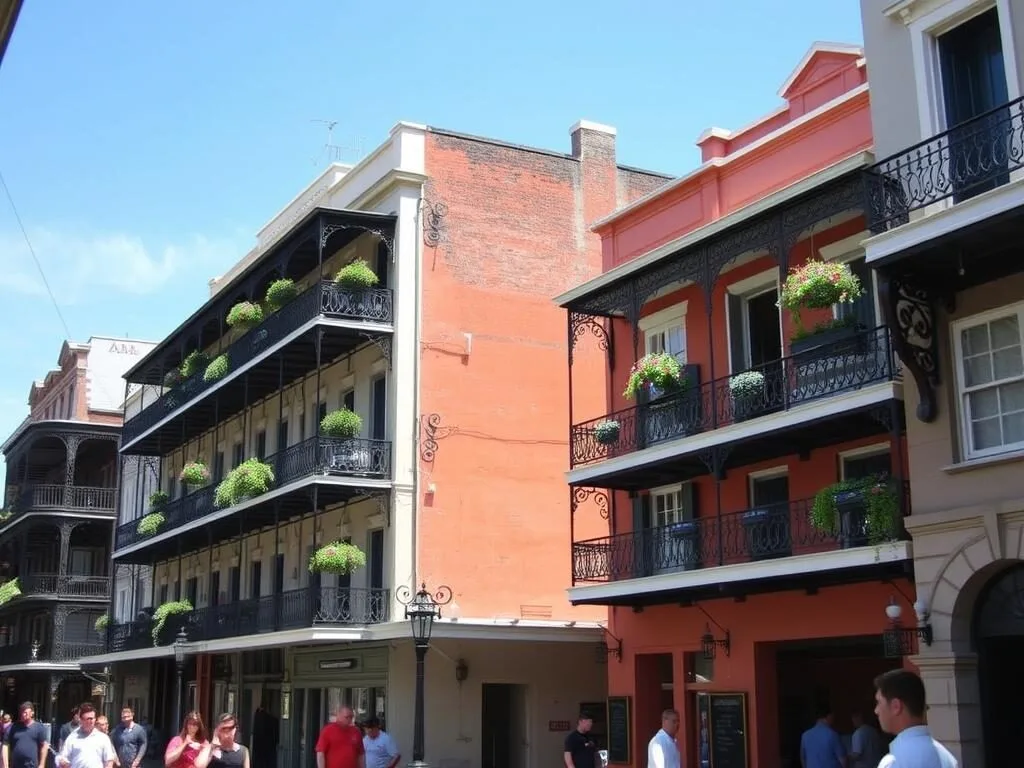 French Quarter in New Orleans showing historic buildings with iron balconies and colorful facades