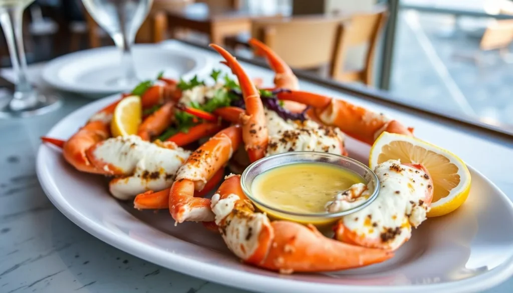 Fresh Florida stone crab claws served with mustard sauce at a waterfront restaurant Fresh Florida stone crab claws served with mustard sauce at a waterfront restaurant