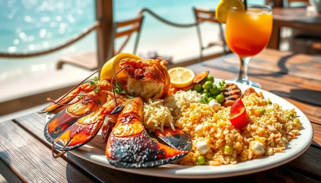 Fresh grilled lobster being served at a beachfront restaurant in Island Harbour