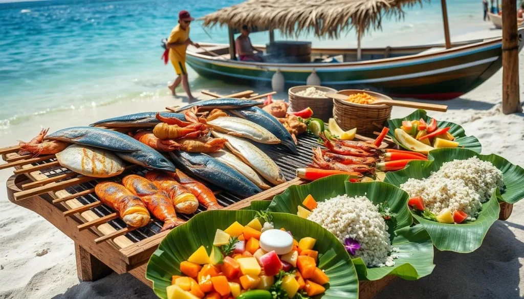 Fresh seafood barbecue being prepared on a beach during an island hopping tour in Coron