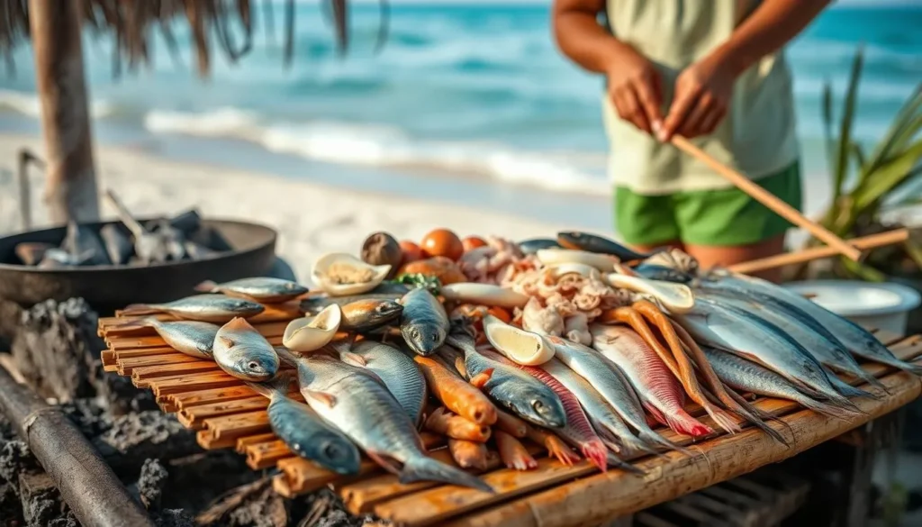Fresh seafood being prepared for cooking on Sambawan Island with beach view in the background