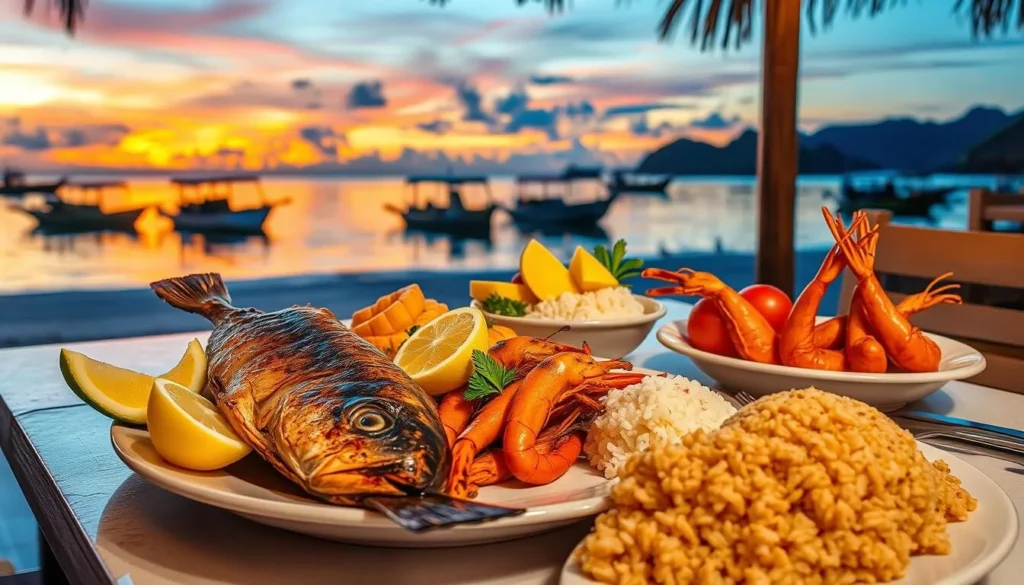 Fresh seafood dinner on the beach in El Nido with sunset view, enhancing the experience of the best things to do in El Nido, Philippines Fresh seafood dinner on the beach in El Nido with sunset view, enhancing the experience of the best things to do in El Nido, Philippines