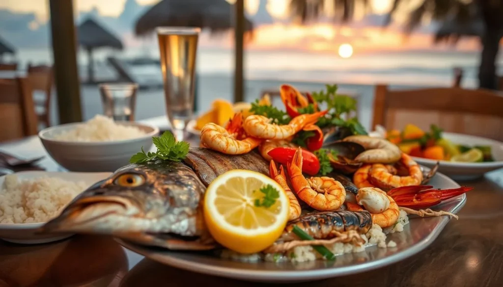Fresh seafood dinner served at a beachfront restaurant during sunset in Panglao