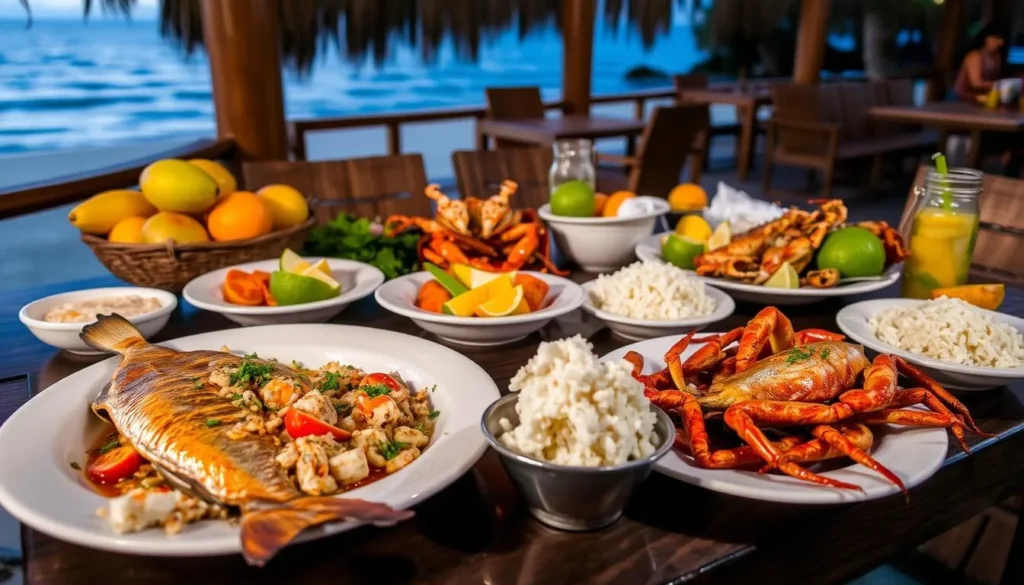 Fresh seafood dinner with grilled fish and Filipino dishes at a beachfront restaurant in Samal Island Philippines Fresh seafood dinner with grilled fish and Filipino dishes at a beachfront restaurant in Samal Island Philippines