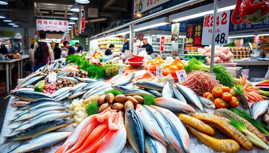 Fresh seafood display at Ishigaki Public Market in the Yaeyama Islands Fresh seafood display at Ishigaki Public Market in the Yaeyama Islands