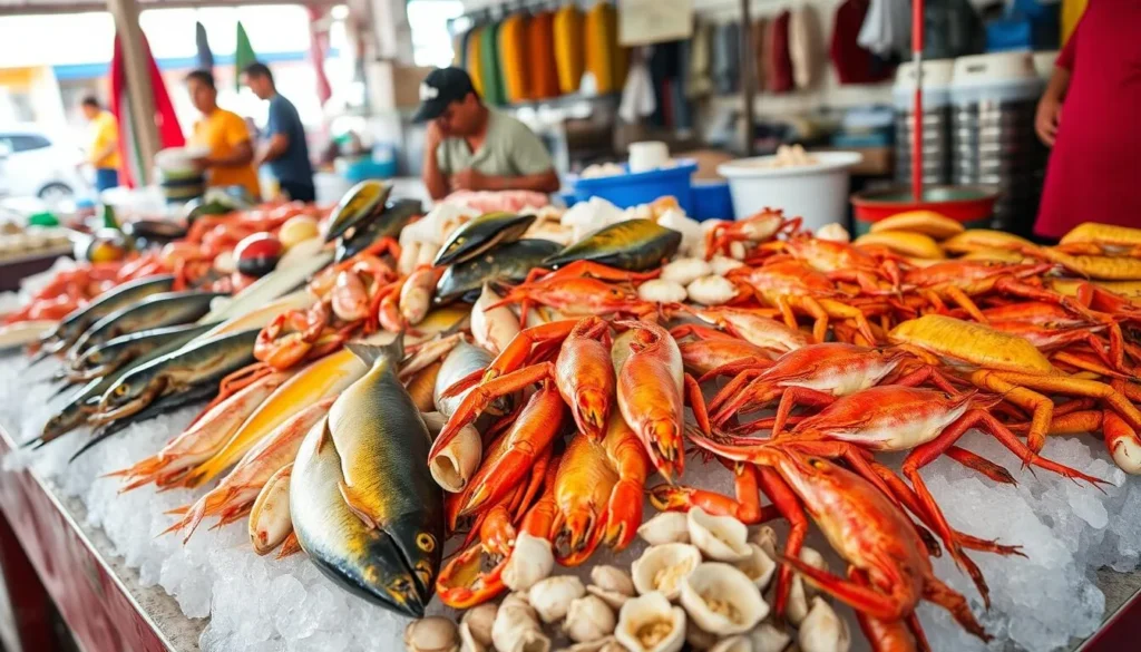 Fresh seafood display at Malapascua Market with various fish, crabs, and shellfish on ice Fresh seafood display at Malapascua Market with various fish, crabs, and shellfish on ice