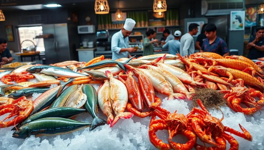 Fresh seafood display at a Cox's Bazar restaurant with various fish, prawns, and crabs on ice