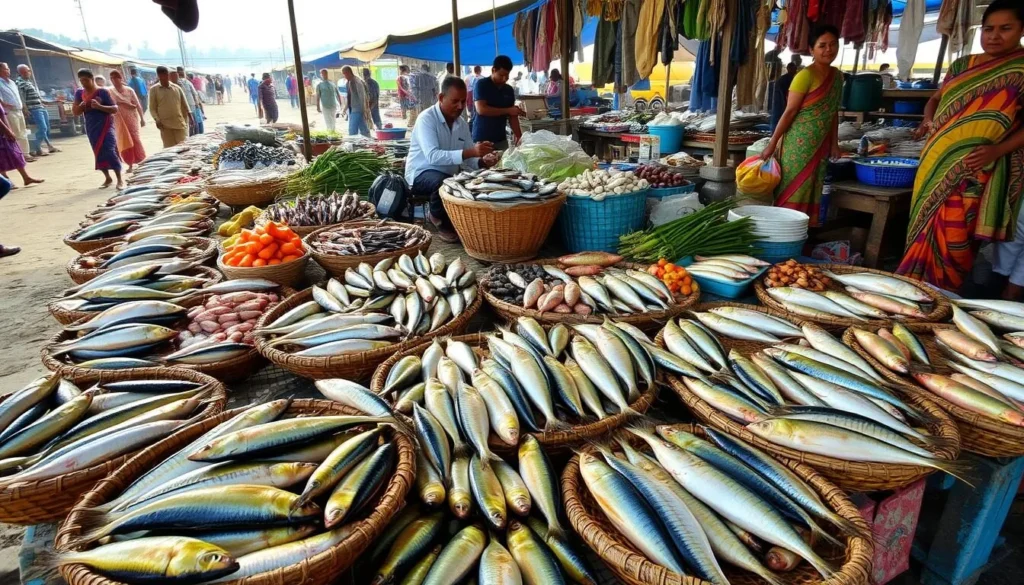 Fresh seafood display at a local market near Bashkhali Lake