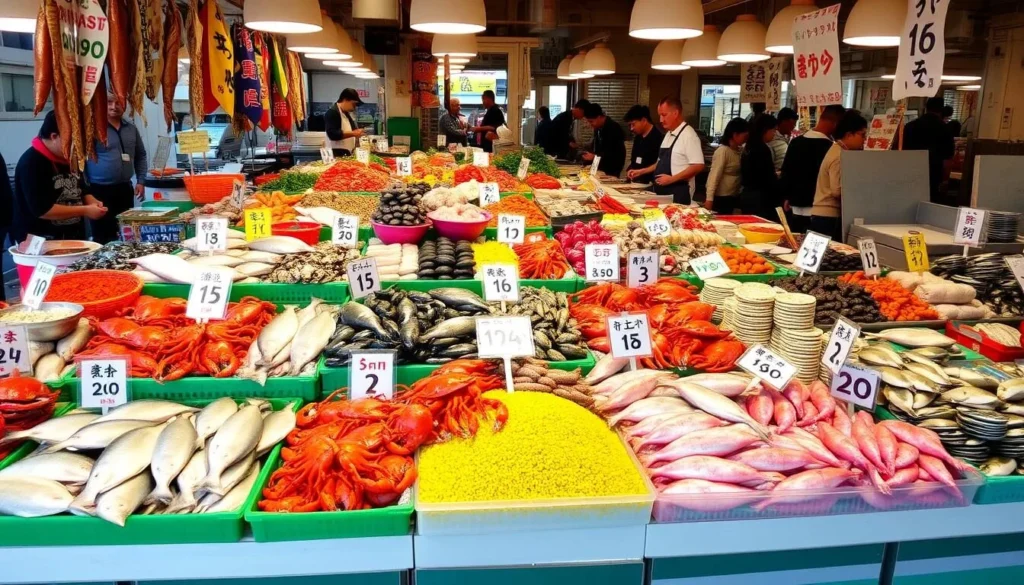 Fresh seafood displays at Omicho Market in Kanazawa