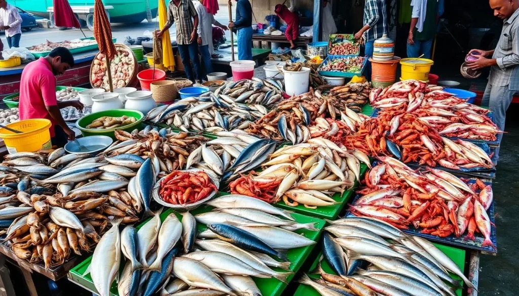 Fresh seafood market in Kuakata with various fish, crabs, and other marine delicacies on display