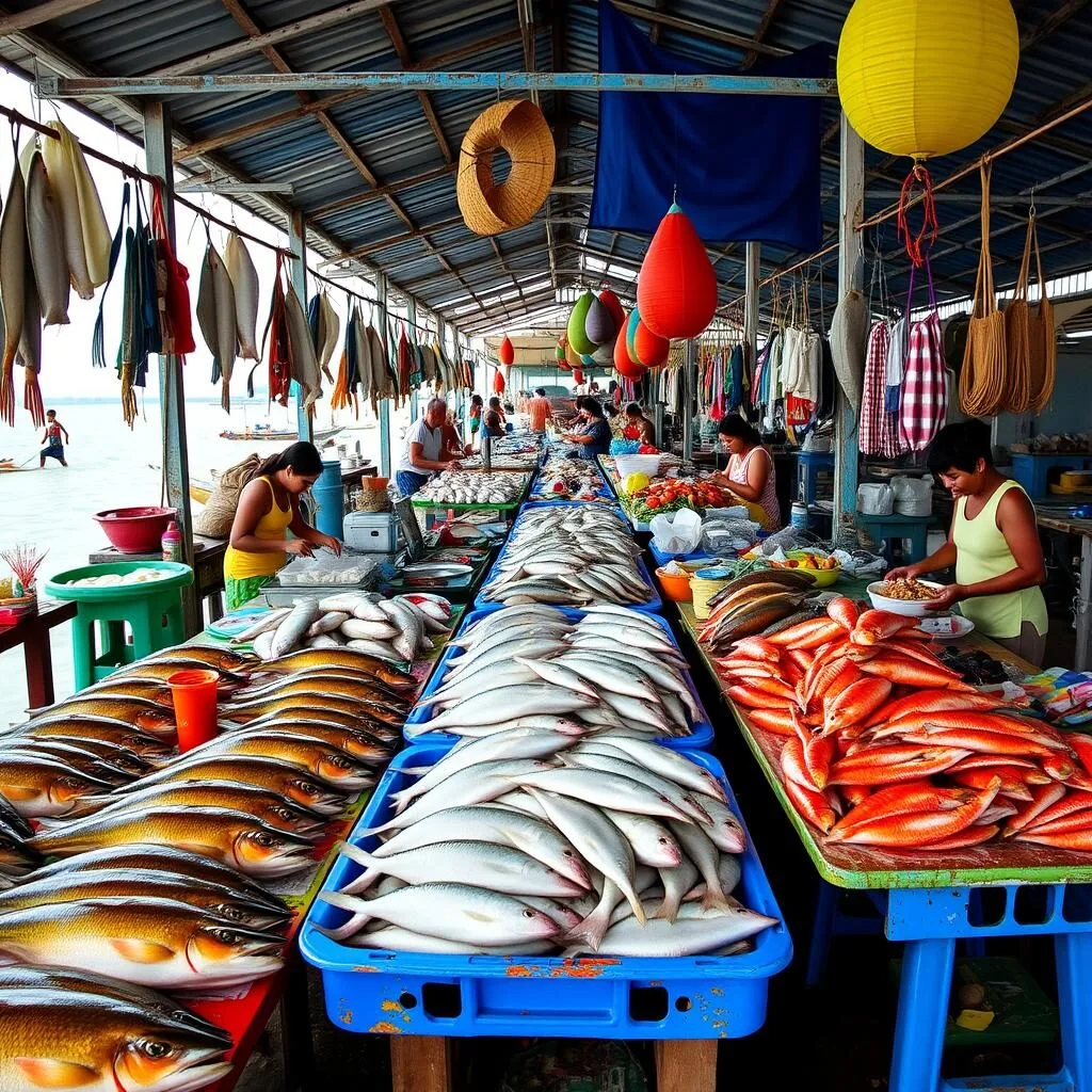 Fresh seafood market on Olango Island, Philippines with local vendors