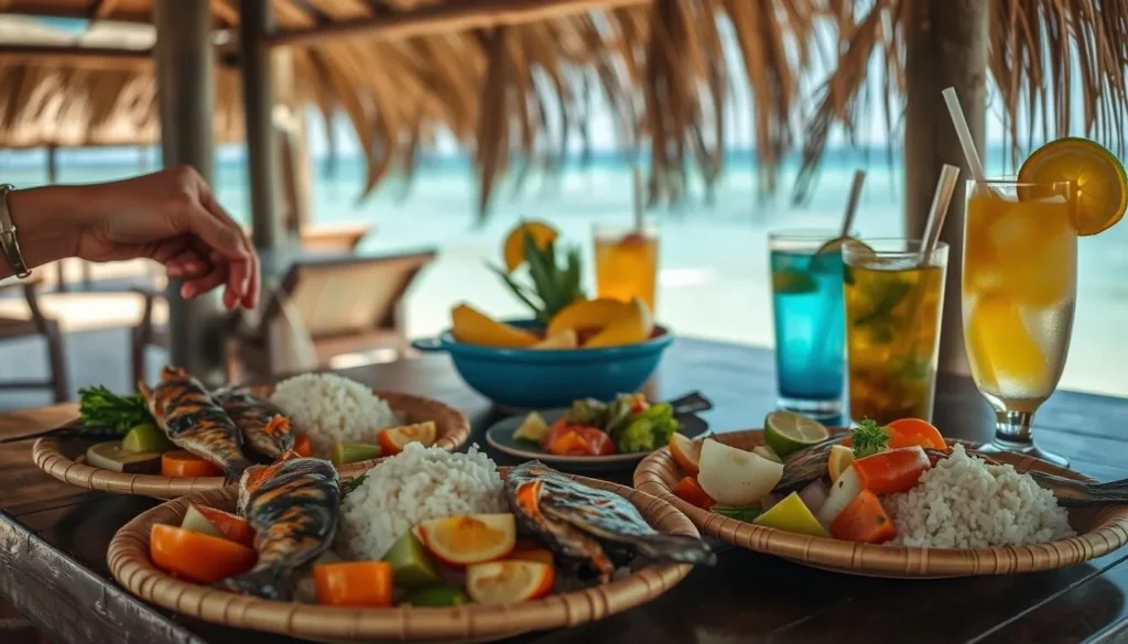 Fresh seafood meal being served at a beachfront restaurant on Apo Island Fresh seafood meal being served at a beachfront restaurant on Apo Island