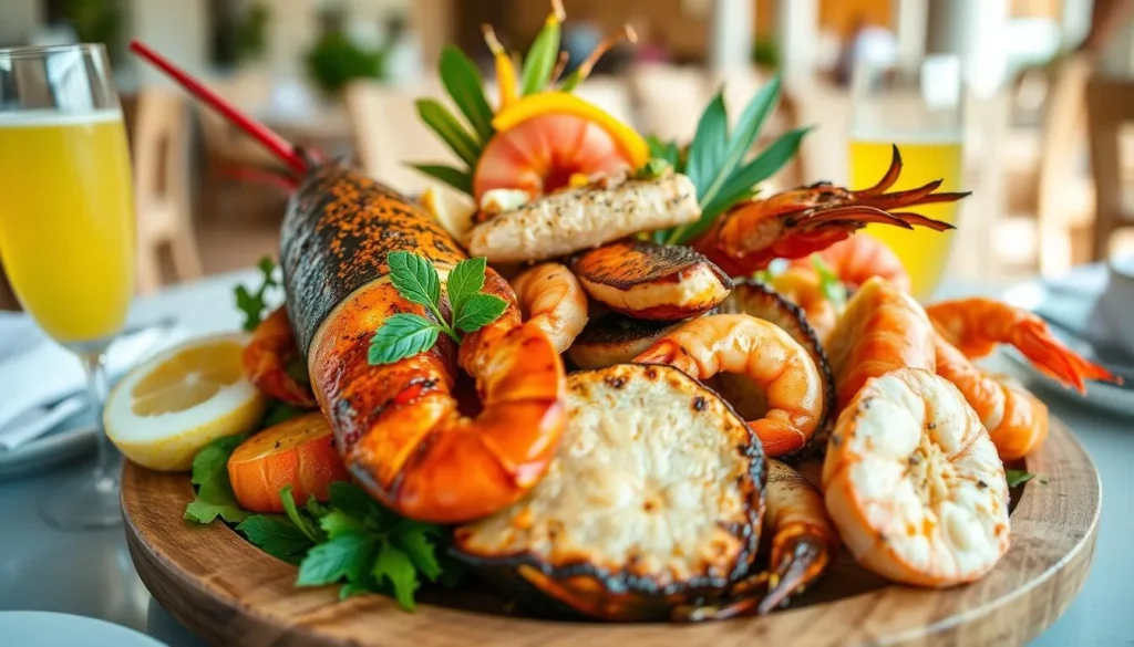 Fresh seafood platter with Caribbean flavors from a restaurant near Crocus Bay