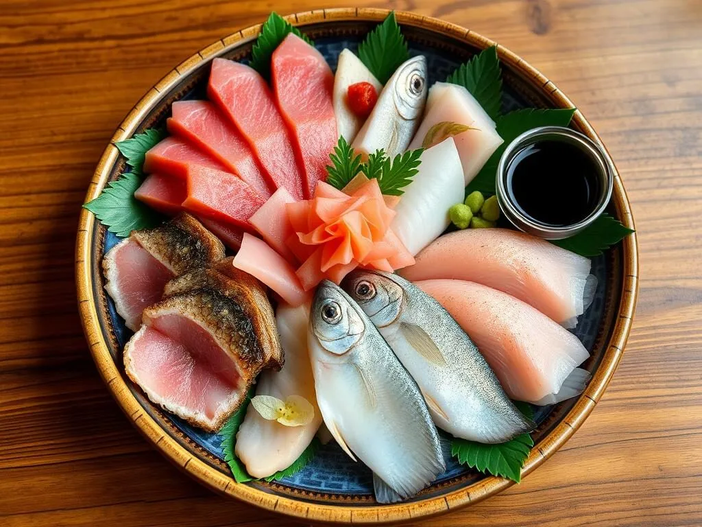Fresh seafood sashimi platter with local Ishigaki fish varieties Fresh seafood sashimi platter with local Ishigaki fish varieties