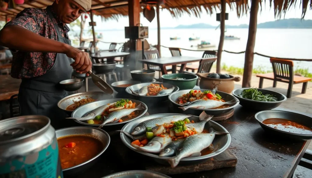 Freshly caught fish being prepared at a lakeside restaurant