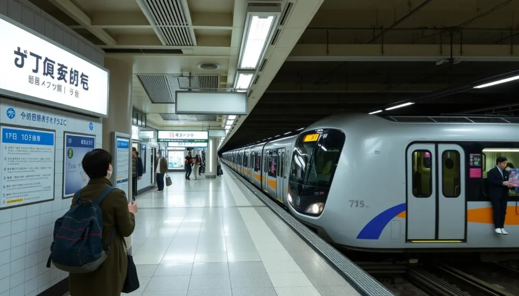Fukuoka City Subway train arriving at a modern station with passengers waiting on the platform