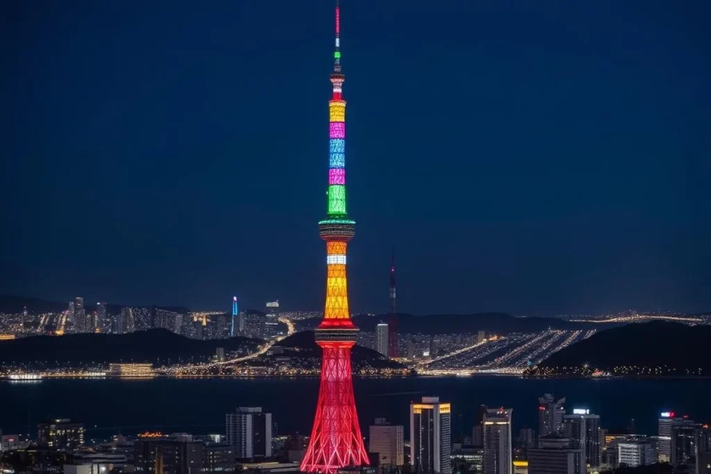 Fukuoka Tower illuminated at night with city skyline and Hakata Bay in the background
